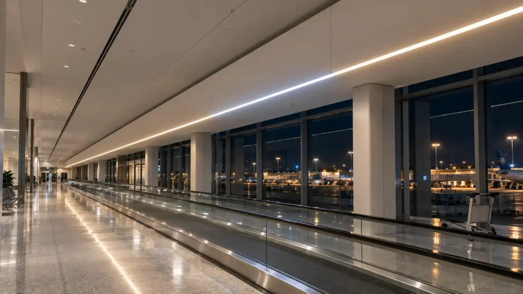 Long fascia line in an airport concourse where a replaced section of a different strip brand meets the original at a visible color step