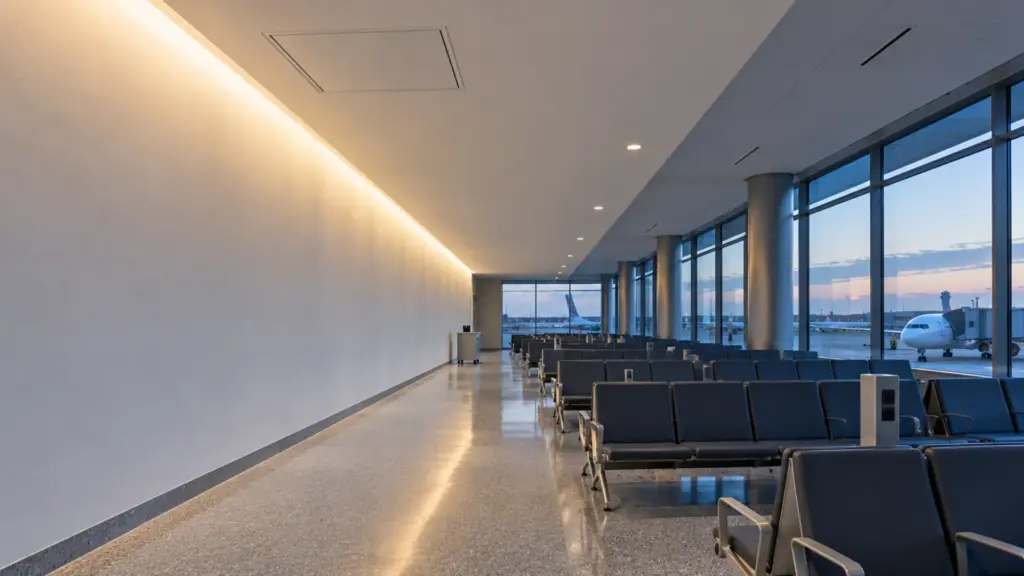 Airport gate lounge with a floating ceiling and a linear LED wall washer in the gap washing the tall wall, with a service hatch visible in the ceiling