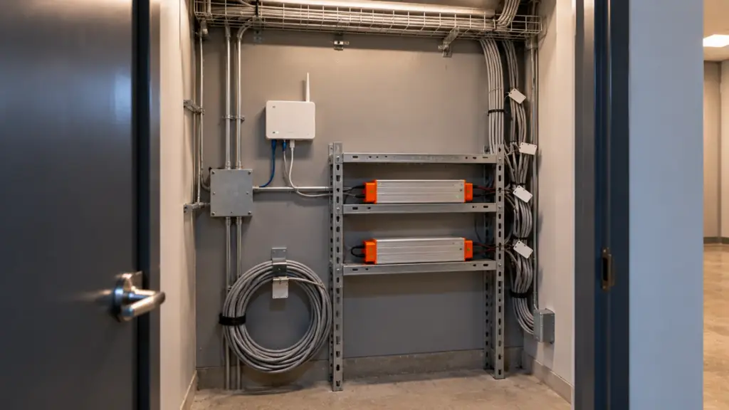 Amenity-floor electrical closet with a small gateway, a rack of LED drivers and labeled cables