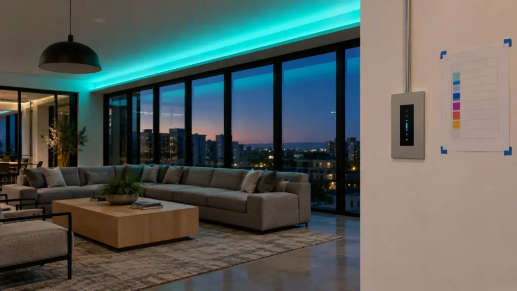 Apartment amenity lounge with a teal RGBW cove and a wall controller zone chart