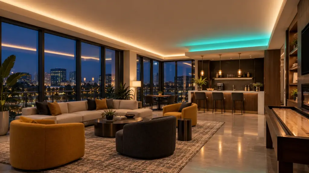 Apartment building amenity lounge with an RGBW strip cove resting on warm white and a soft teal accent at one end