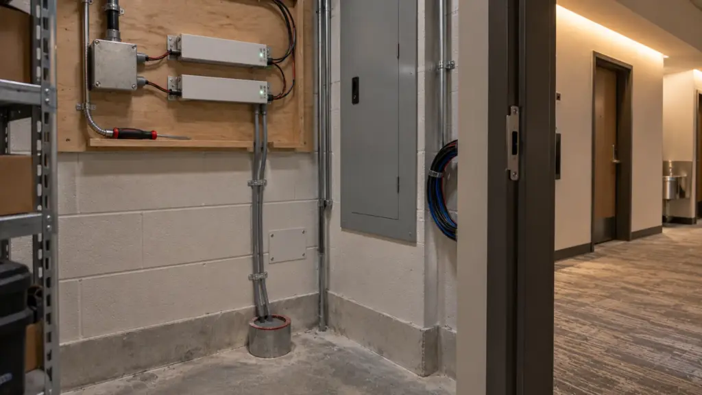 Apartment building electrical closet with a labeled firestop sleeve through the rated floor carrying the LED strip feed down to the corridor cove below