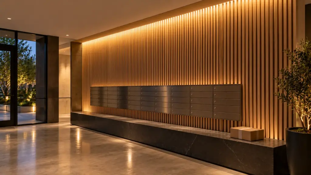 Apartment building entrance with a slat wall washed from a hidden pocket at the top, the light catching the slat edges