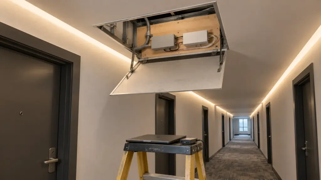 Apartment building corridor ceiling access panel open with a DALI controller, a Class 2 supply and the bus pair in its own conduit