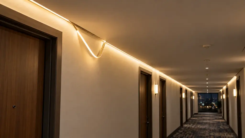 Apartment corridor cove where a COB LED strip mounted without a channel has let go of its adhesive and sags out of the cove