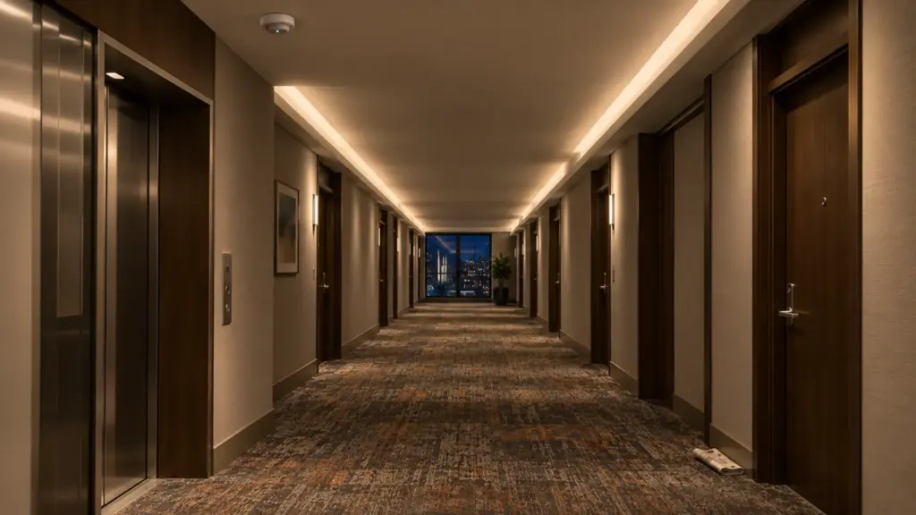 Apartment building corridor at night with the ceiling cove held at a low half level by the sensor dimming path, no dark stretch ahead