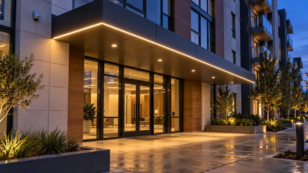 Apartment building entry canopy with a 120V COB LED strip line along the fascia at dusk