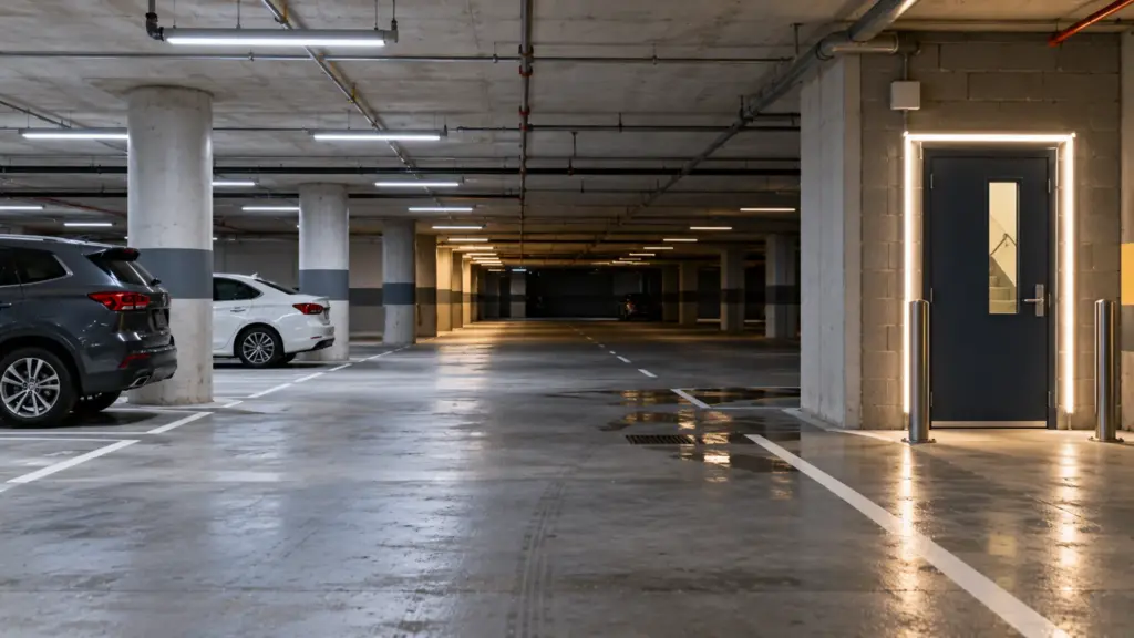 Apartment building garage with one control zone dimmed and a stair core wayfinding line