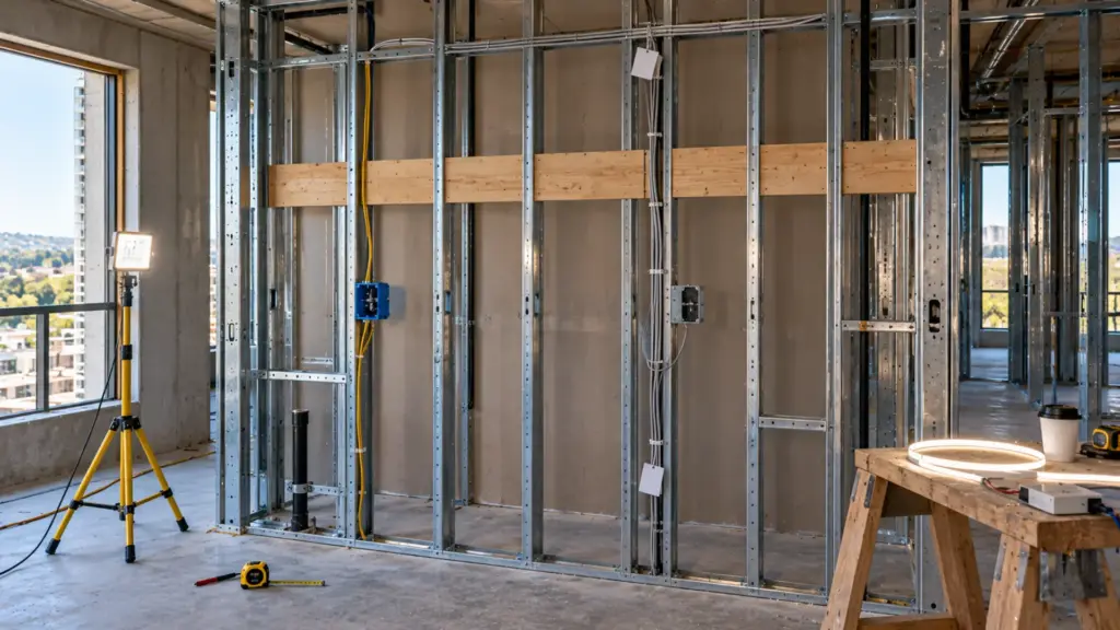 Apartment unit kitchen at rough-in with labeled low-voltage cable stapled along the studs, a separate line-voltage box, and blocking set for the under-cabinet channel