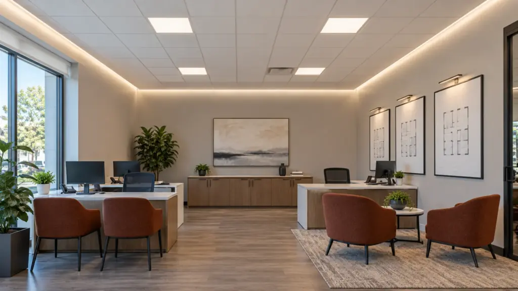 Apartment community leasing office with an acoustic grid ceiling stopped short of the walls and a 4000K lit perimeter pocket at the wall angle