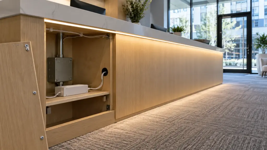 Leasing office reception counter with an open casework panel showing a Class 2 driver beside a metal box and conduit stub