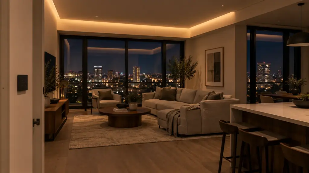 Apartment living room after 8 pm with the ceiling cove dimmed and warmed to 2700K by its schedule