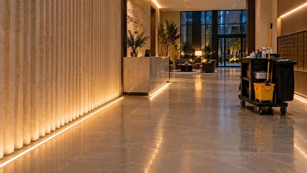 Apartment building lobby at night with a floor-recessed LED line along the base of a stone feature wall and a housekeeping cart passing clear of it