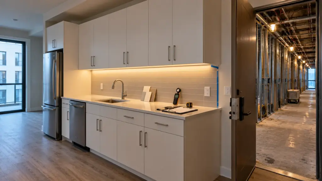 Apartment mockup unit with the approved under-cabinet LED strip run lit in the finished kitchen while the corridor outside the door is still rough framing