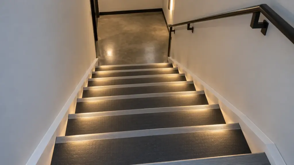 Corner LED channel under each stair nosing lighting the treads in an apartment stair hall