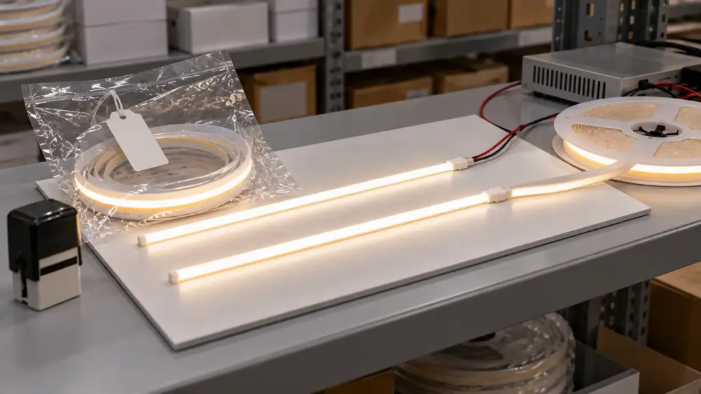 Approved reference sample of LED strip in a sealed labeled bag on a shelf, beside a new reel being compared against it, both lit