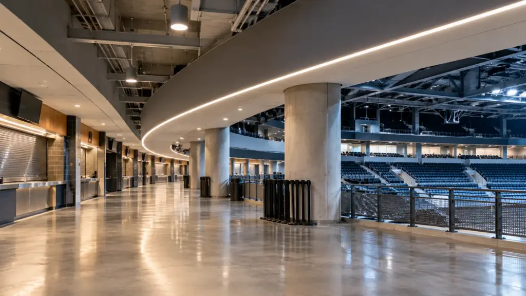 Sports arena concourse with a long fascia line of 48V SMD strip running from a single feed, evenly lit at 5000K