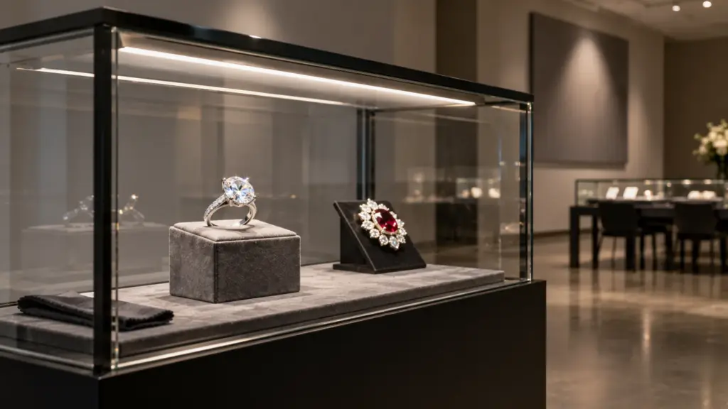 Auction viewing room vitrine with a diamond ring and a ruby brooch lit by a high-CRI strip behind the lip