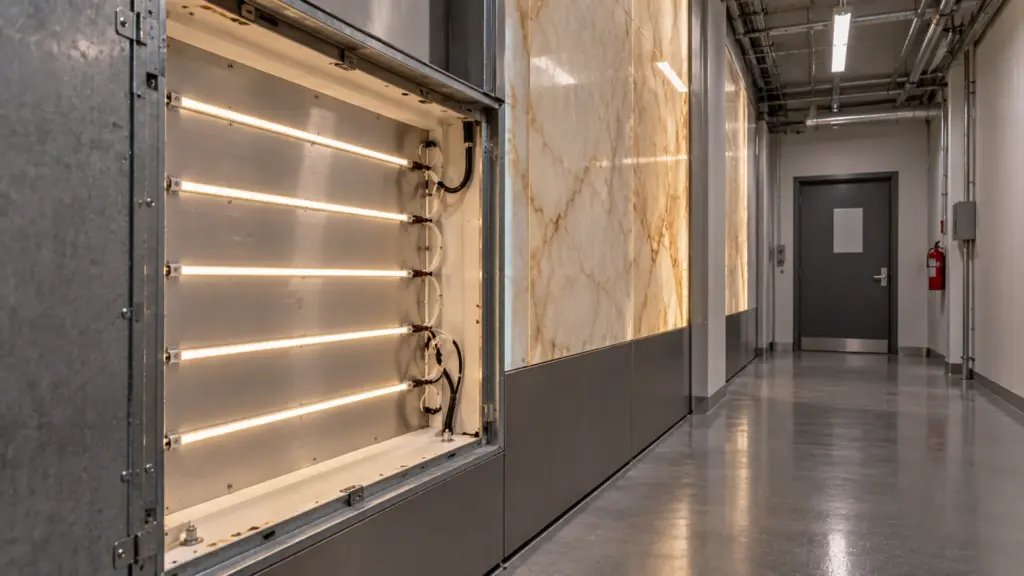 Service corridor behind a lit stone wall with an open hatch showing strip rows on an aluminum plate and a labeled cable run