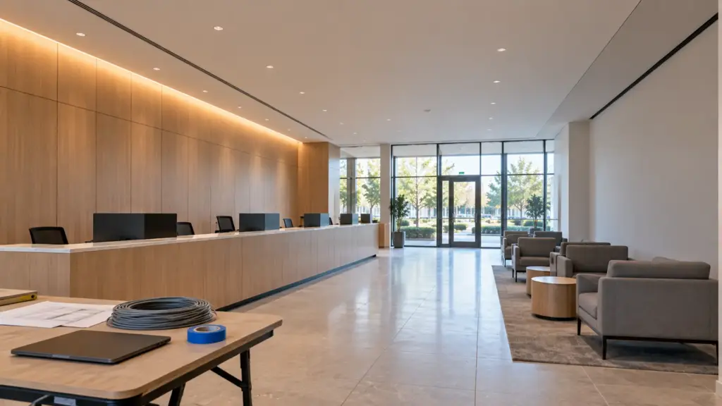 Bank branch hall with one finished test zone of LED tape in a wall slot lit before the rest of the room is commissioned