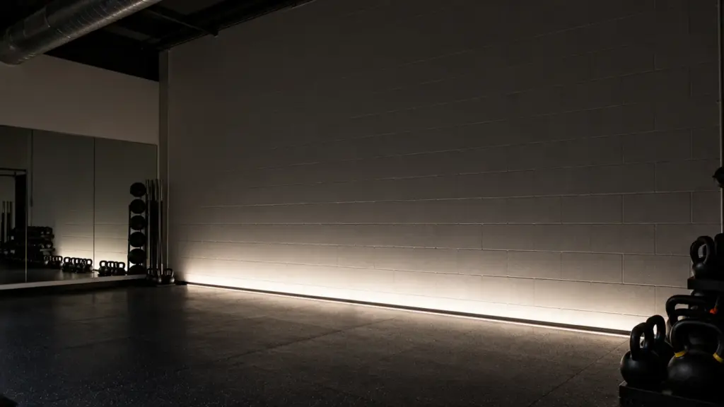 Bare SMD LED strip at the base of a gym wall leaving a bright band low and a dim upper wall