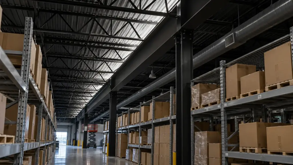Big-box store back aisle with exposed black joists and a 120V LED strip in a black channel on a beam flange lighting the deck above at 5000K