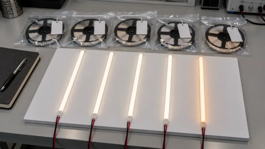 Quality laboratory table with strips from one bin lit side by side for a color check, one strip from a different bin visibly warmer