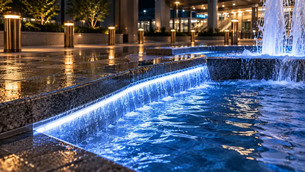 IP68 LED strip under the coping of a civic plaza fountain basin at night
