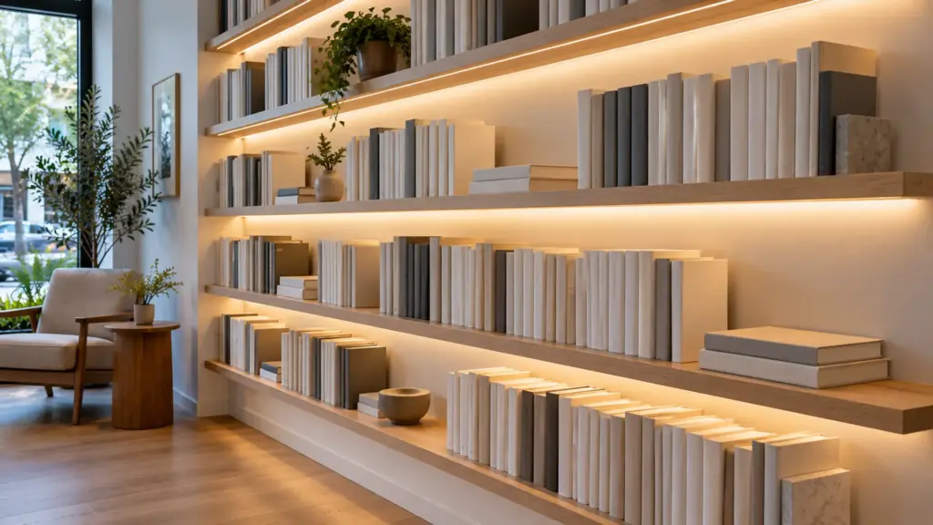 Bookstore wall of thin oak shelves, each front edge lit by a side-emitting LED strip laid flat