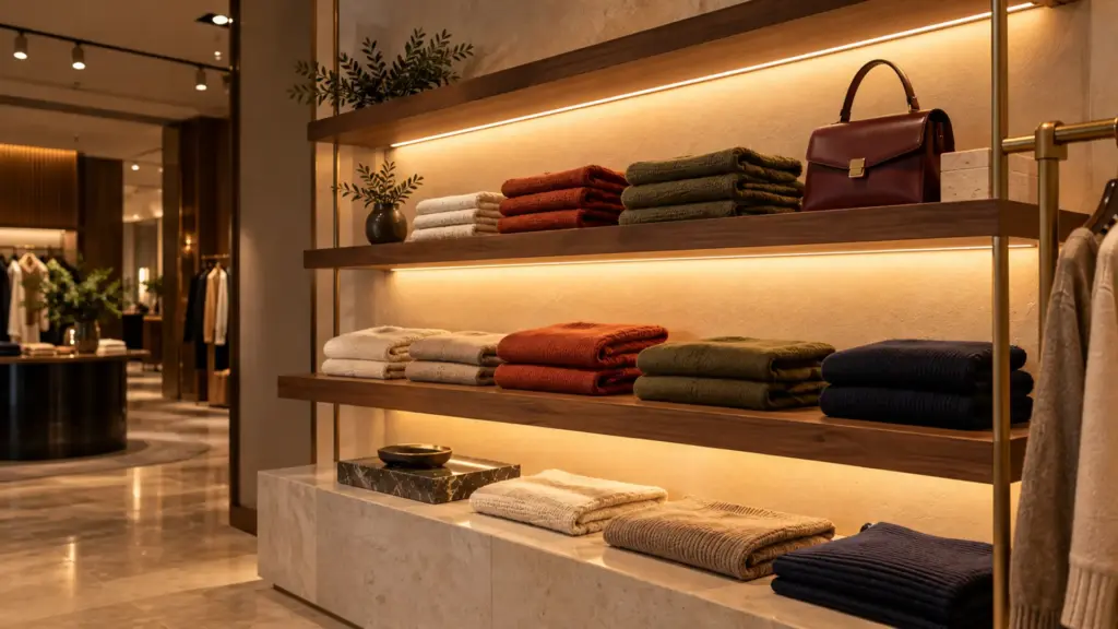Boutique shelf wall edge-lit by 3000K full-spectrum LED strip on knitwear