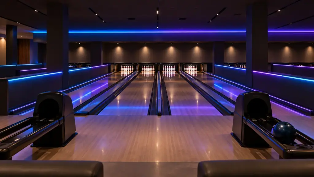 Bowling center with RGB LED strip along the lane dividers and the ceiling soffit running a blue and violet color scene