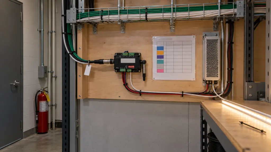 DMX decoder with a printed address chart in a building electrical closet