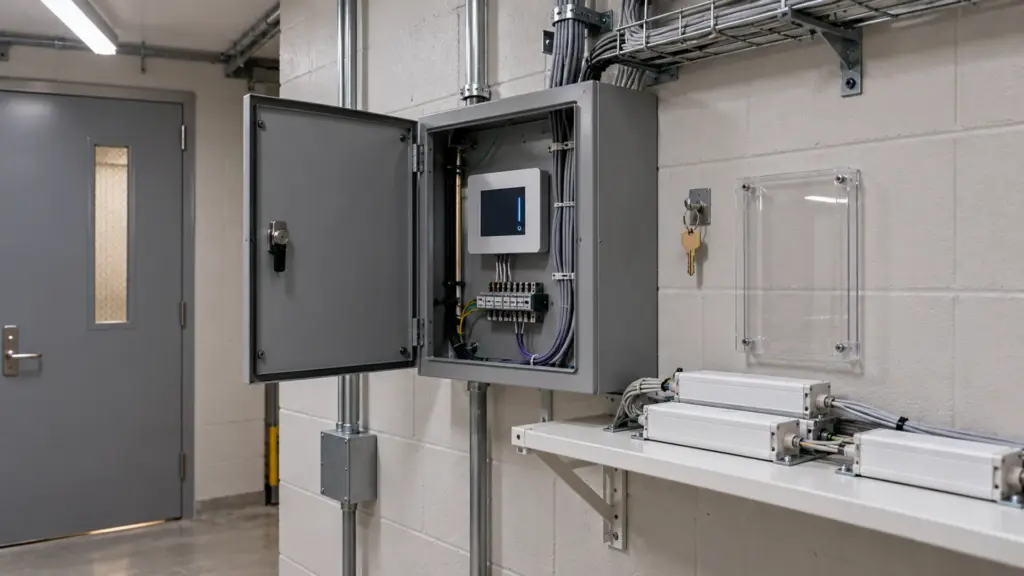 Building electrical room with a locked enclosure holding a 0-10V dimming panel, LED drivers on a shelf and a key on a hook