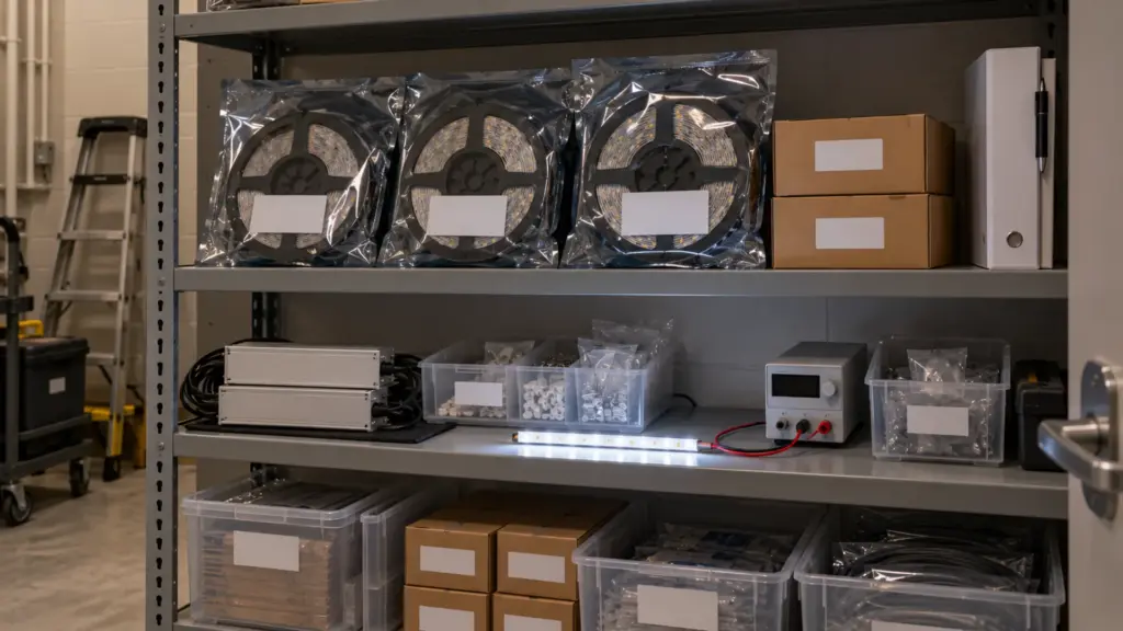 Maintenance closet shelf with labeled spare LED strip reels, drivers and a lit test piece