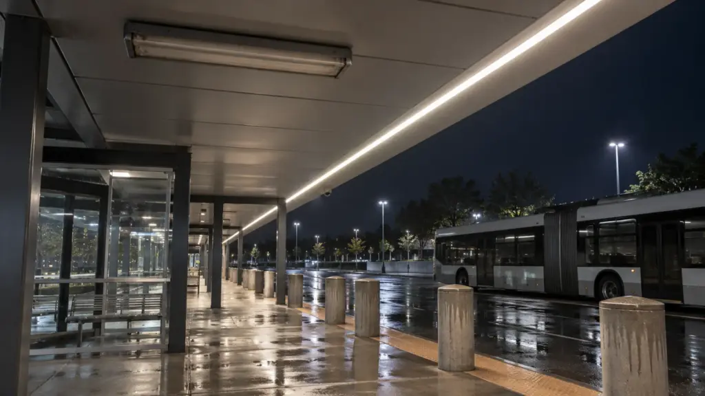 Bus transit center platform canopy at night with one old T5 fluorescent fixture still hanging in the soffit beside a new continuous IP67 LED strip run lit at 4000K