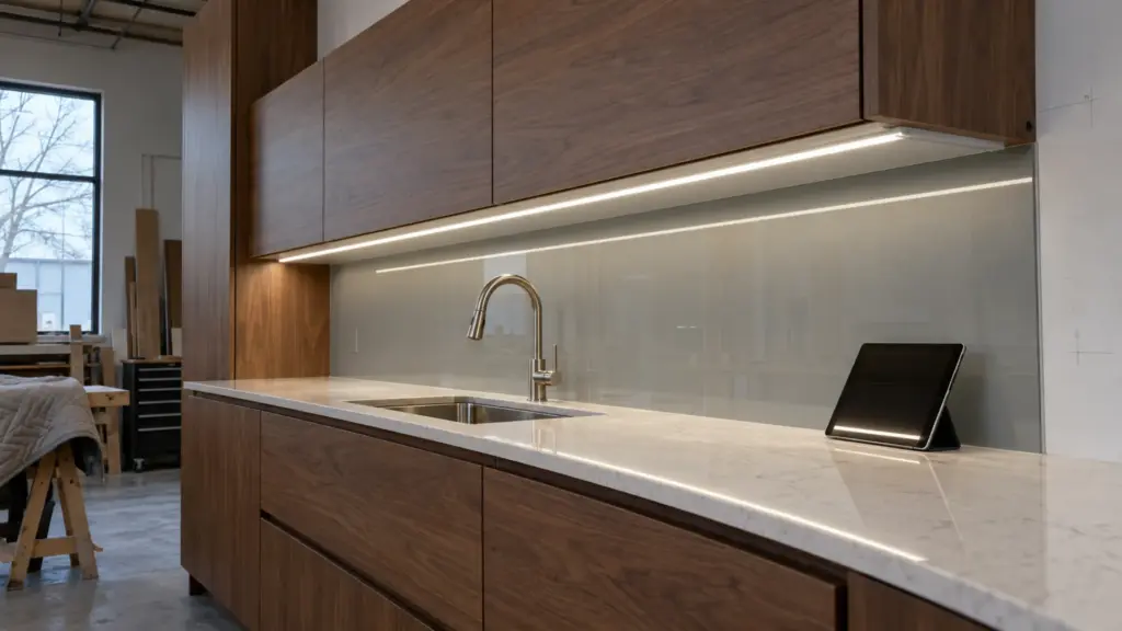 Dot-free COB strip in a deep surface channel under a walnut upper cabinet