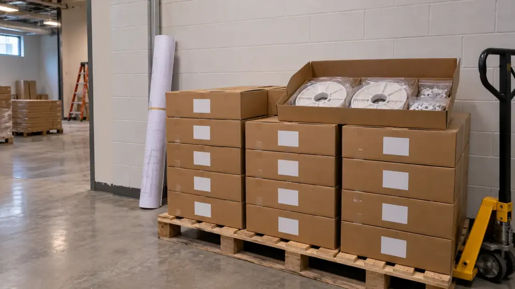 Delivery staging room with LED strip cartons stacked by run ID, each carton with a blank label matching the drawings