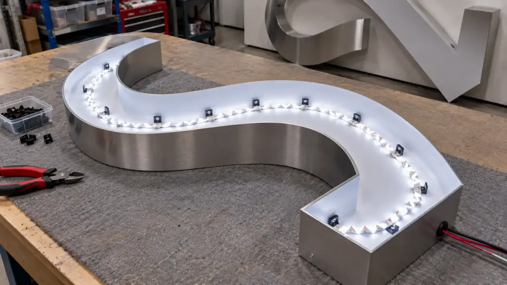 Open channel letter on a sign shop bench with S-shape LED strip clipped along its curved stroke, lit