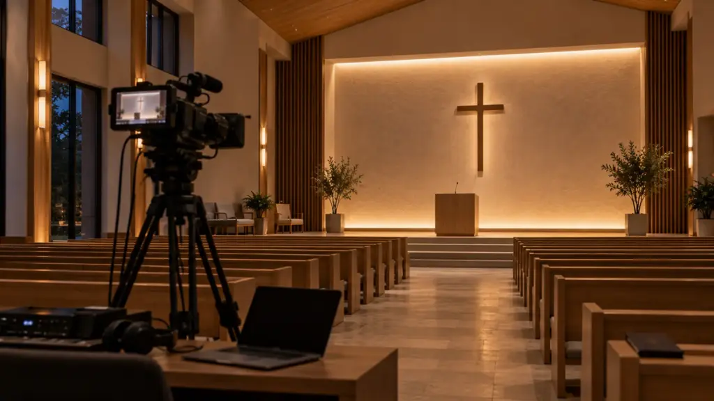 Church sanctuary set up for streaming, a camera at the back and LED strip washing the chancel wall at 3000K