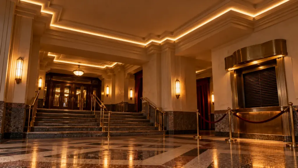 Cinema foyer ceiling outline lit with a warm 2700K linear light behind an opal cover where tubes once ran