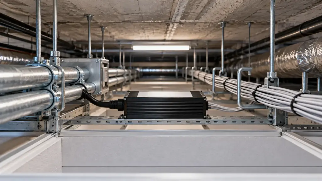 Thin Class 2 cable kept separate from conduit in a ceiling space