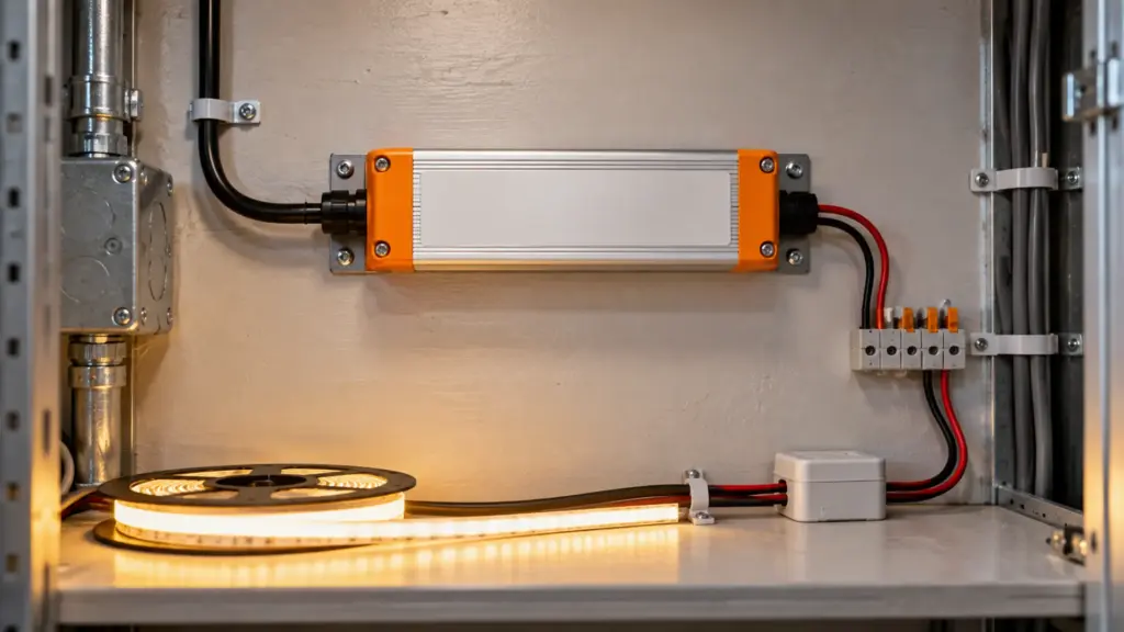 Class 2 LED driver mounted with nameplate facing out in a closet