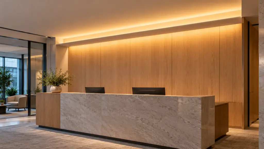 Finished reception cove lighting powered by a Class 2 driver