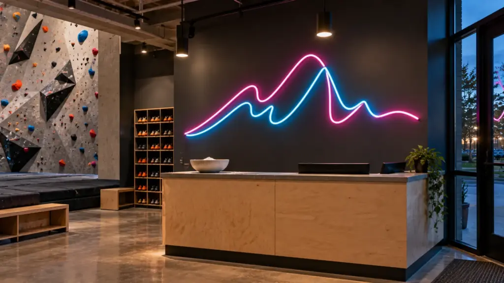 Exposed LED neon flex wordmark in pink and cyan on a climbing gym wall