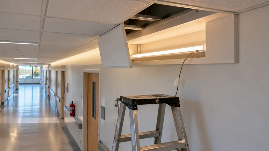 Closed cove above a clinic corridor with a ceiling tile lifted to check the strip