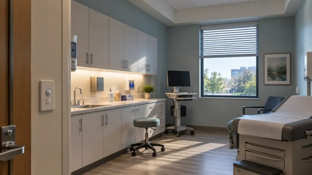Clinic exam room with a vacancy sensor switch by the door, the under-cabinet task strip on and the ceiling cove off