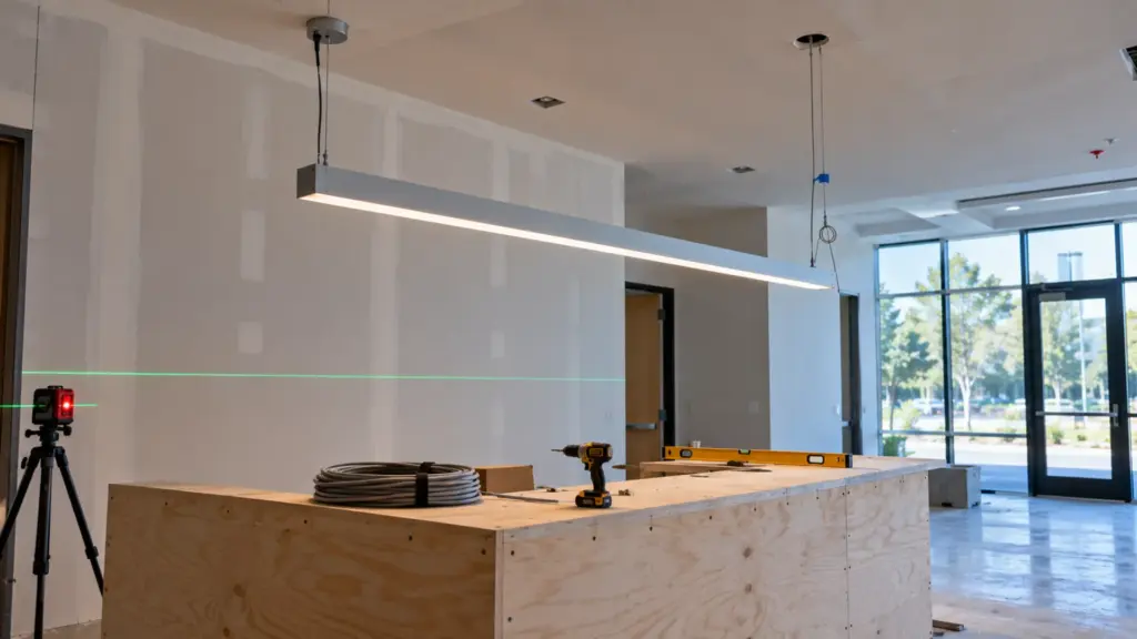 Clinic reception area under construction with a suspended LED profile being leveled against a laser line on aircraft cable