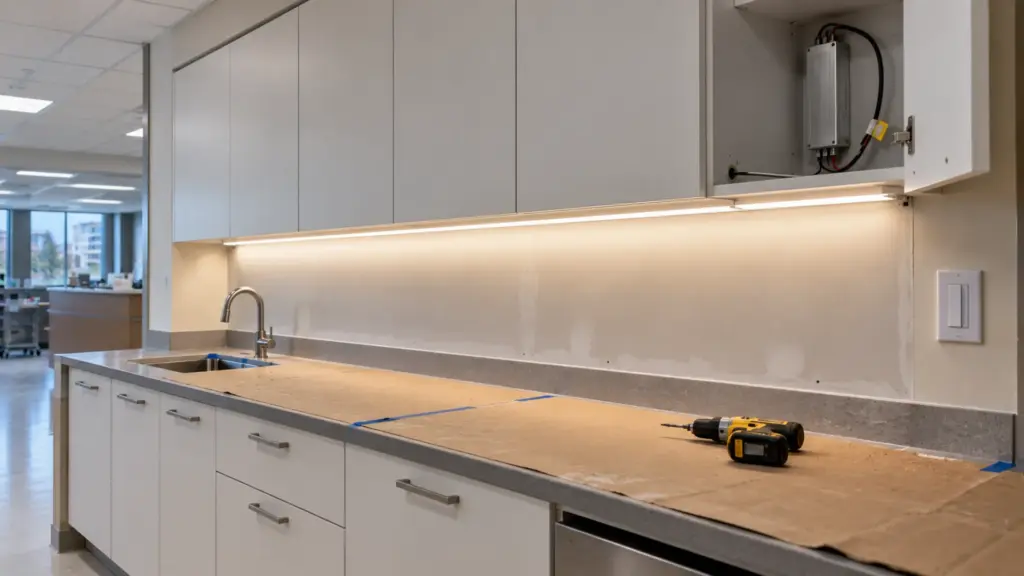 Under cabinet LED strip install with a Class 2 driver in the adjacent clinic cabinet