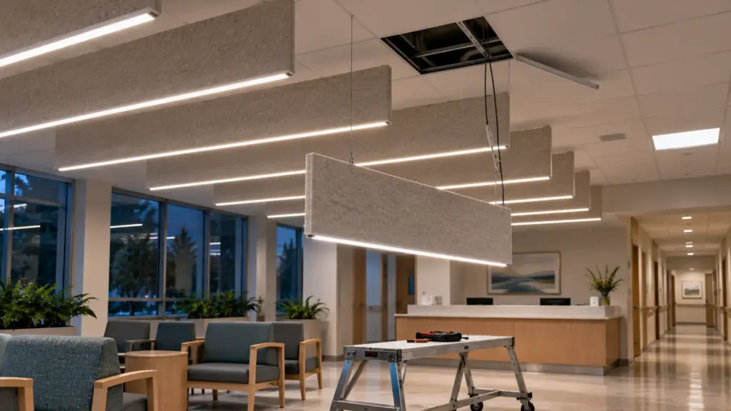 Outpatient clinic waiting area with one felt baffle lowered on its cables, showing the edge channel and its plug lead for service