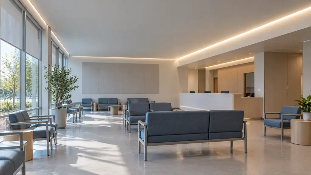 Clinic waiting area with the window-side perimeter cove dimmed and the core-side cove at full level, tunable white in both zones